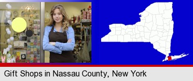 a gift shop proprietor; Nassau County highlighted in red on a map