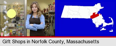a gift shop proprietor; Norfolk County highlighted in red on a map