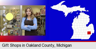 a gift shop proprietor; Oakland County highlighted in red on a map