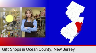 a gift shop proprietor; Ocean County highlighted in red on a map