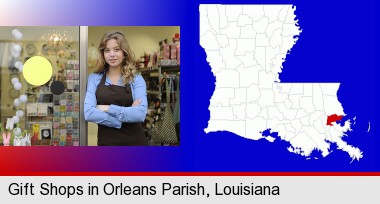 a gift shop proprietor; Orleans Parish highlighted in red on a map