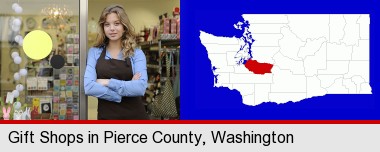a gift shop proprietor; Pierce County highlighted in red on a map