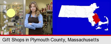a gift shop proprietor; Plymouth County highlighted in red on a map