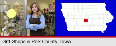 a gift shop proprietor; Polk County highlighted in red on a map