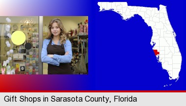 a gift shop proprietor; Sarasota County highlighted in red on a map