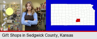 a gift shop proprietor; Sedgwick County highlighted in red on a map