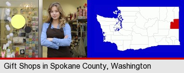 a gift shop proprietor; Spokane County highlighted in red on a map