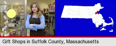 a gift shop proprietor; Suffolk County highlighted in red on a map