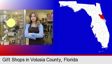 a gift shop proprietor; Volusia County highlighted in red on a map