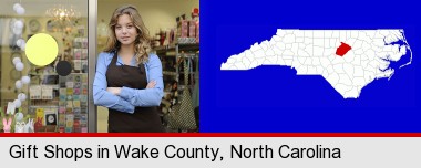 a gift shop proprietor; Wake County highlighted in red on a map